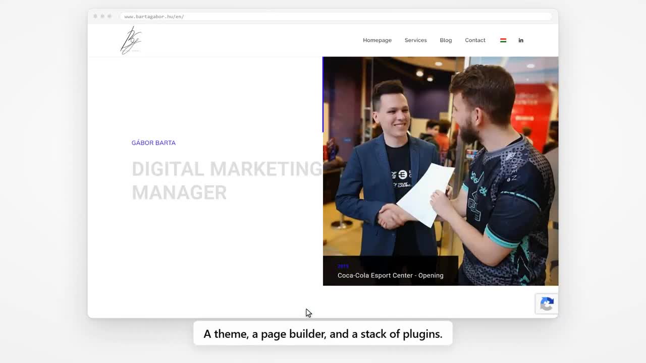 Original Gábor Barta WordPress homepage with digital marketing heading, navigation, and event photography
